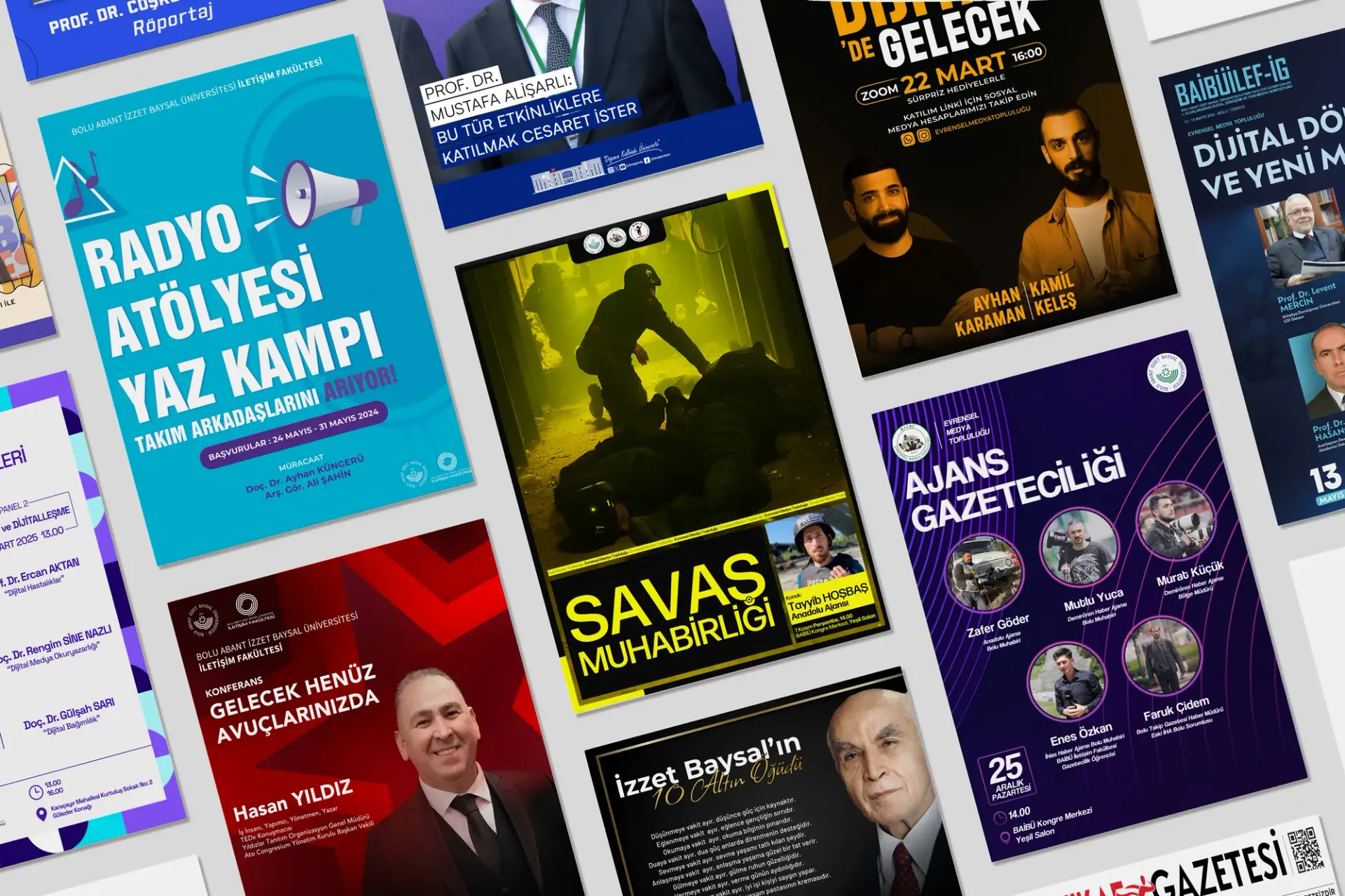 Radyo Atölyesi, Savaş Muhabirliği ve Ajans Gazeteciliği afişlerinden oluşan kolaj